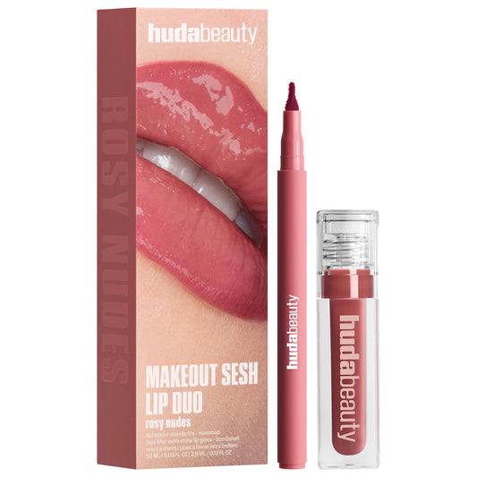 Huda Beauty - Make Out Sesh Lip Stain and Lip Gloss Duos - ROSY NUDE